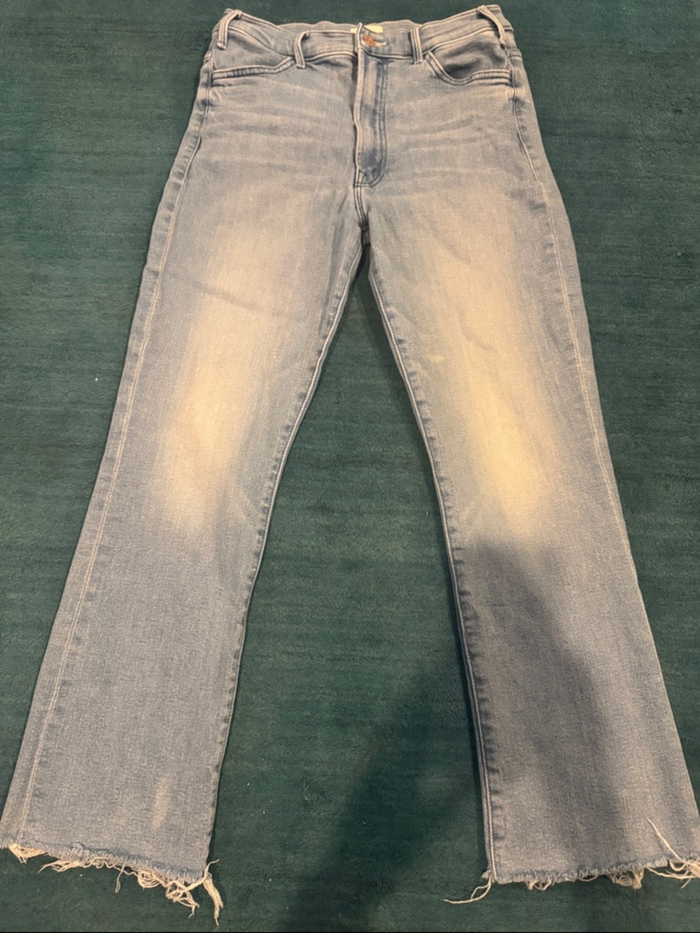 MOTHER Light Blue Flared Denim Jeans with Raw Hem